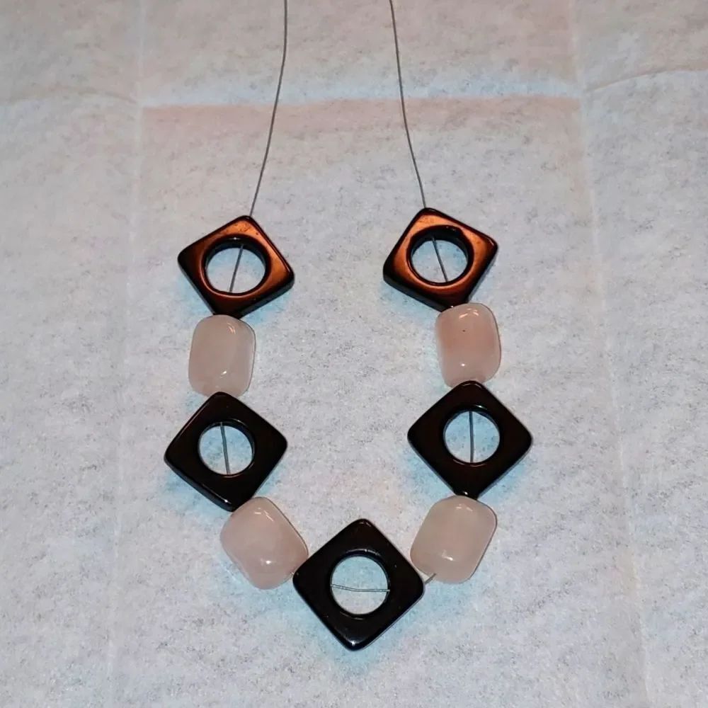 HandmadeβLarge Pink Quartz Rectangular Stone & Onyx FrameβNecklace